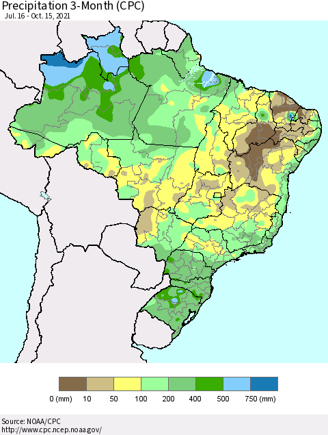Brazil Precipitation 3-Month (CPC) Thematic Map For 7/16/2021 - 10/15/2021