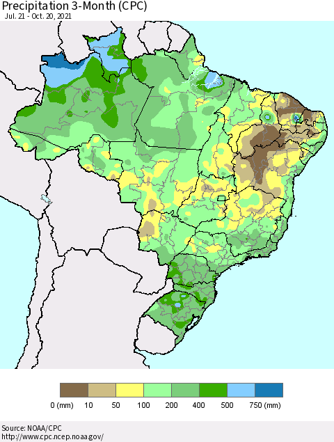 Brazil Precipitation 3-Month (CPC) Thematic Map For 7/21/2021 - 10/20/2021