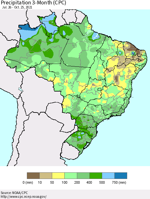 Brazil Precipitation 3-Month (CPC) Thematic Map For 7/26/2021 - 10/25/2021