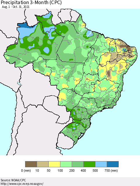 Brazil Precipitation 3-Month (CPC) Thematic Map For 8/1/2021 - 10/31/2021