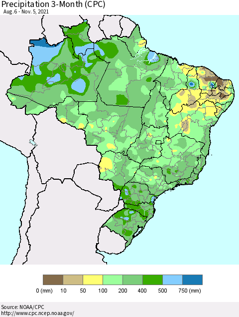 Brazil Precipitation 3-Month (CPC) Thematic Map For 8/6/2021 - 11/5/2021