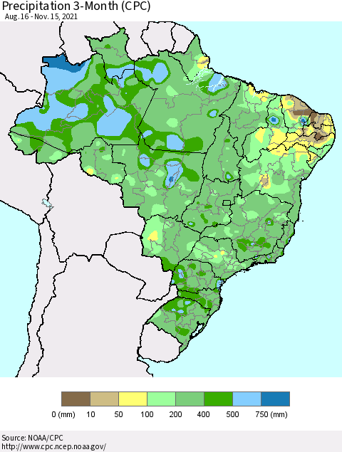 Brazil Precipitation 3-Month (CPC) Thematic Map For 8/16/2021 - 11/15/2021