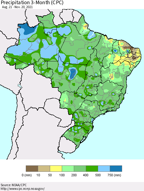 Brazil Precipitation 3-Month (CPC) Thematic Map For 8/21/2021 - 11/20/2021