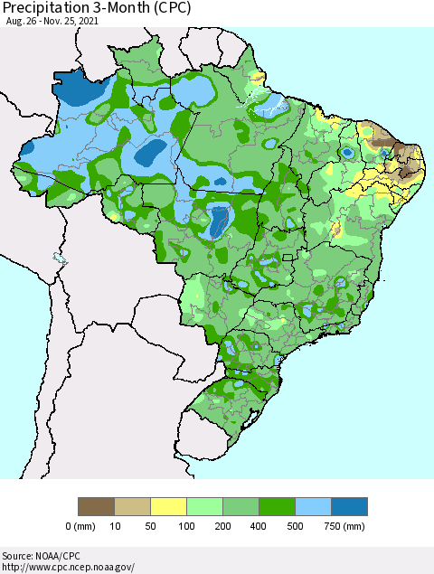 Brazil Precipitation 3-Month (CPC) Thematic Map For 8/26/2021 - 11/25/2021