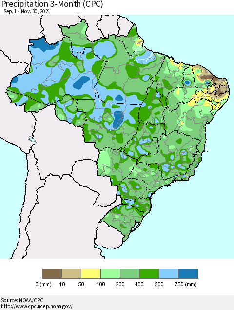 Brazil Precipitation 3-Month (CPC) Thematic Map For 9/1/2021 - 11/30/2021