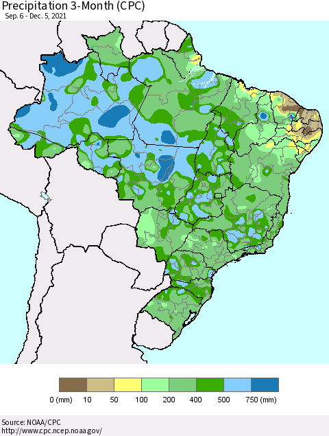 Brazil Precipitation 3-Month (CPC) Thematic Map For 9/6/2021 - 12/5/2021