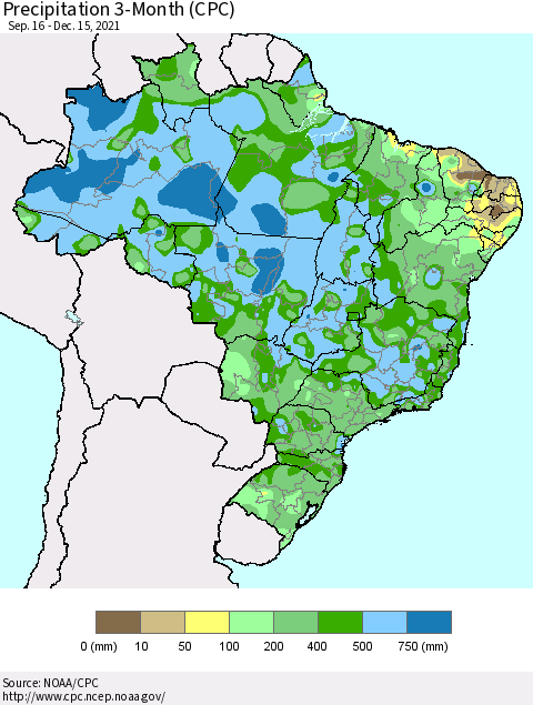 Brazil Precipitation 3-Month (CPC) Thematic Map For 9/16/2021 - 12/15/2021