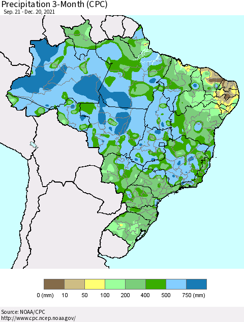 Brazil Precipitation 3-Month (CPC) Thematic Map For 9/21/2021 - 12/20/2021