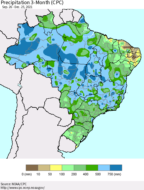 Brazil Precipitation 3-Month (CPC) Thematic Map For 9/26/2021 - 12/25/2021