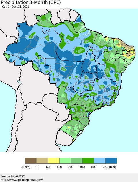 Brazil Precipitation 3-Month (CPC) Thematic Map For 10/1/2021 - 12/31/2021