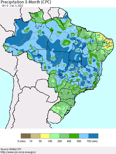 Brazil Precipitation 3-Month (CPC) Thematic Map For 10/6/2021 - 1/5/2022