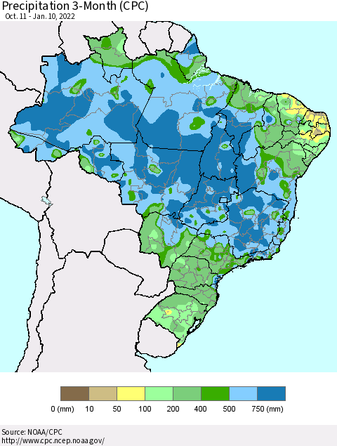 Brazil Precipitation 3-Month (CPC) Thematic Map For 10/11/2021 - 1/10/2022