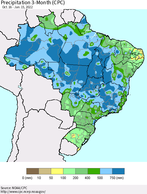 Brazil Precipitation 3-Month (CPC) Thematic Map For 10/16/2021 - 1/15/2022