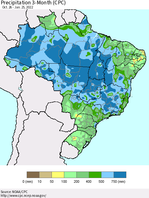 Brazil Precipitation 3-Month (CPC) Thematic Map For 10/26/2021 - 1/25/2022