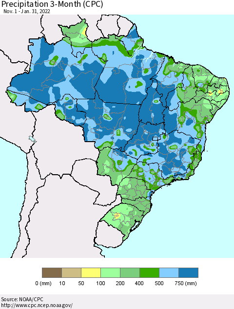 Brazil Precipitation 3-Month (CPC) Thematic Map For 11/1/2021 - 1/31/2022