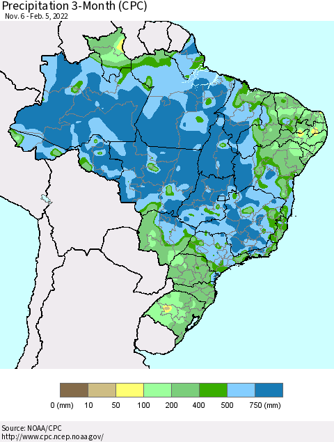 Brazil Precipitation 3-Month (CPC) Thematic Map For 11/6/2021 - 2/5/2022