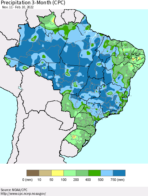 Brazil Precipitation 3-Month (CPC) Thematic Map For 11/11/2021 - 2/10/2022