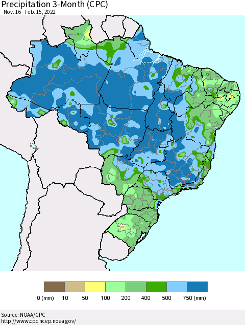 Brazil Precipitation 3-Month (CPC) Thematic Map For 11/16/2021 - 2/15/2022