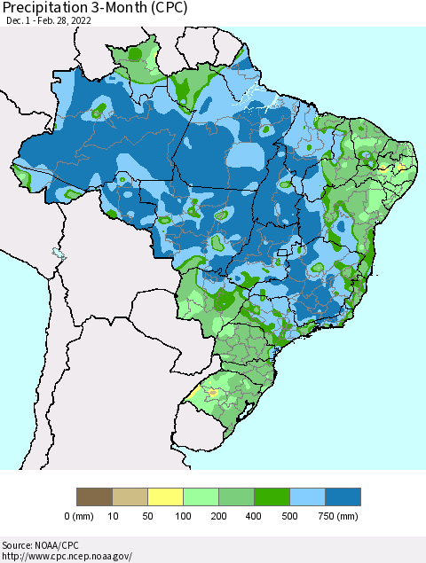 Brazil Precipitation 3-Month (CPC) Thematic Map For 12/1/2021 - 2/28/2022