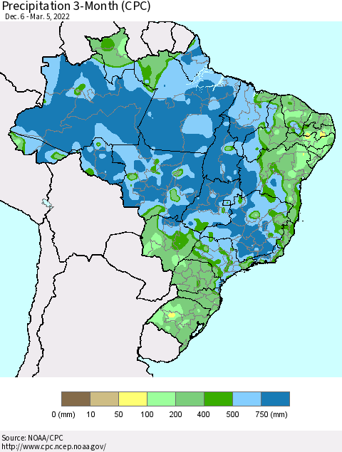 Brazil Precipitation 3-Month (CPC) Thematic Map For 12/6/2021 - 3/5/2022