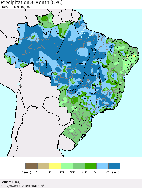 Brazil Precipitation 3-Month (CPC) Thematic Map For 12/11/2021 - 3/10/2022