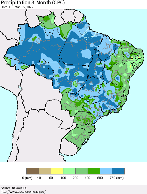 Brazil Precipitation 3-Month (CPC) Thematic Map For 12/16/2021 - 3/15/2022
