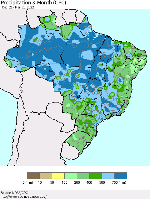 Brazil Precipitation 3-Month (CPC) Thematic Map For 12/21/2021 - 3/20/2022