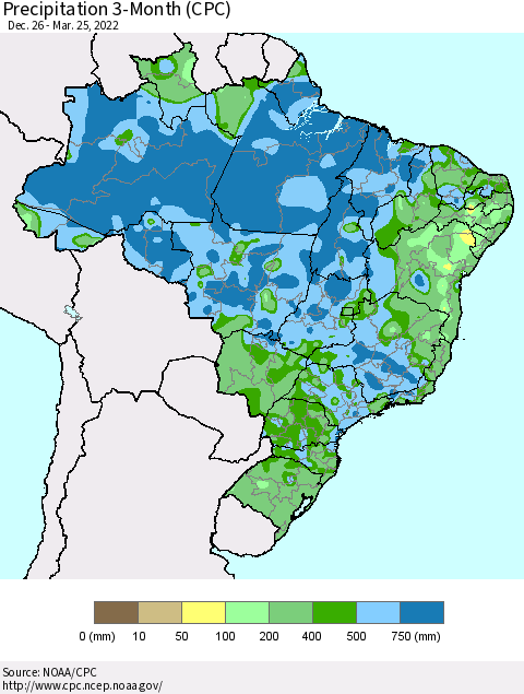 Brazil Precipitation 3-Month (CPC) Thematic Map For 12/26/2021 - 3/25/2022