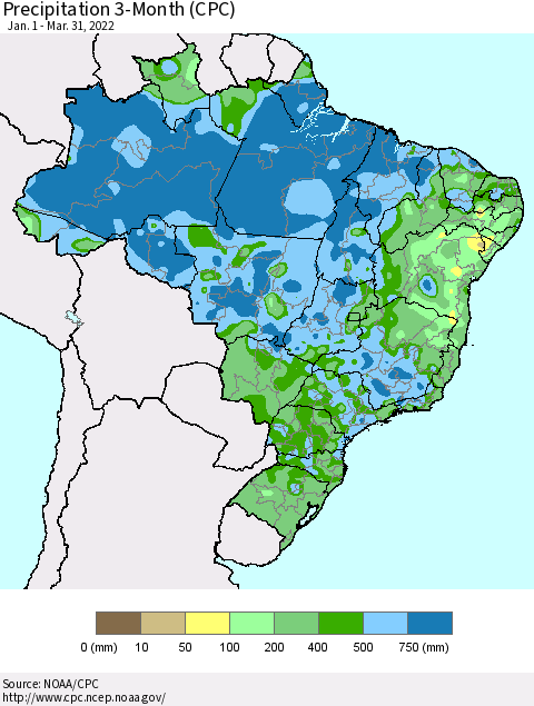 Brazil Precipitation 3-Month (CPC) Thematic Map For 1/1/2022 - 3/31/2022