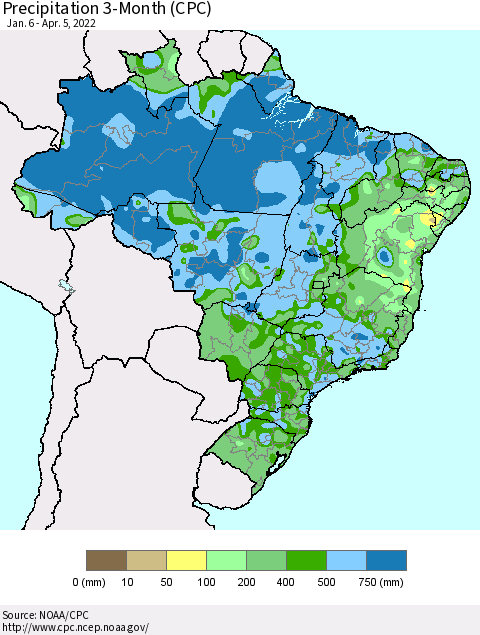 Brazil Precipitation 3-Month (CPC) Thematic Map For 1/6/2022 - 4/5/2022