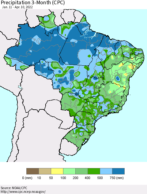 Brazil Precipitation 3-Month (CPC) Thematic Map For 1/11/2022 - 4/10/2022