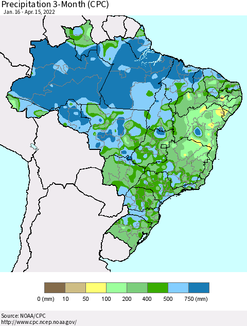 Brazil Precipitation 3-Month (CPC) Thematic Map For 1/16/2022 - 4/15/2022