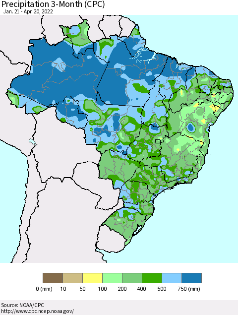 Brazil Precipitation 3-Month (CPC) Thematic Map For 1/21/2022 - 4/20/2022