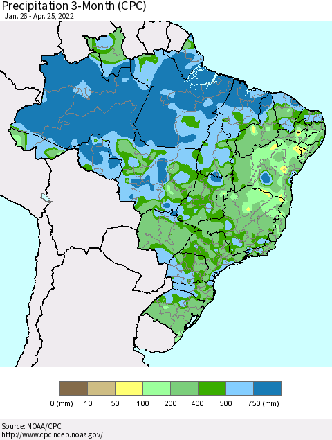 Brazil Precipitation 3-Month (CPC) Thematic Map For 1/26/2022 - 4/25/2022