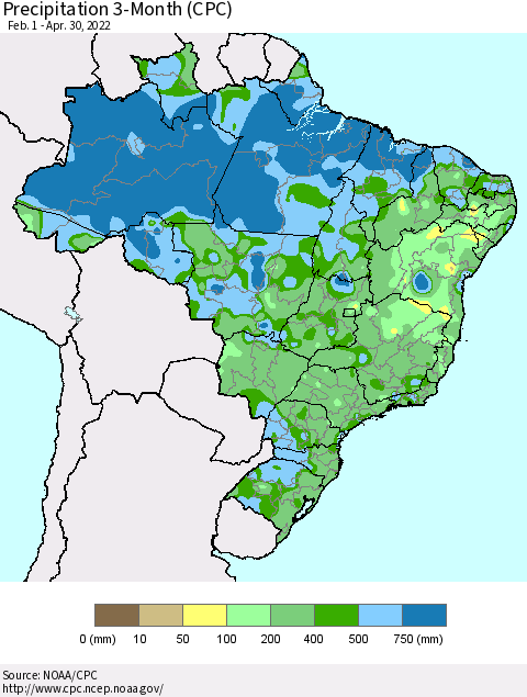 Brazil Precipitation 3-Month (CPC) Thematic Map For 2/1/2022 - 4/30/2022