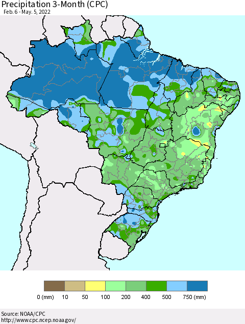Brazil Precipitation 3-Month (CPC) Thematic Map For 2/6/2022 - 5/5/2022