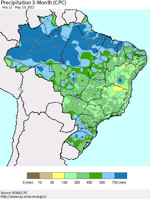Brazil Precipitation 3-Month (CPC) Thematic Map For 2/11/2022 - 5/10/2022