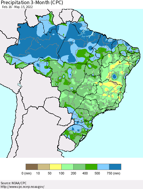 Brazil Precipitation 3-Month (CPC) Thematic Map For 2/16/2022 - 5/15/2022