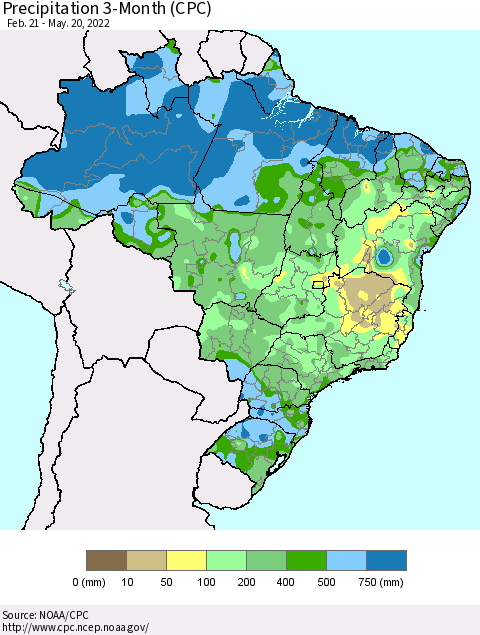 Brazil Precipitation 3-Month (CPC) Thematic Map For 2/21/2022 - 5/20/2022
