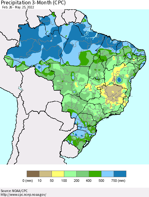 Brazil Precipitation 3-Month (CPC) Thematic Map For 2/26/2022 - 5/25/2022