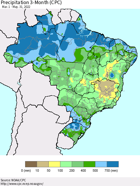 Brazil Precipitation 3-Month (CPC) Thematic Map For 3/1/2022 - 5/31/2022