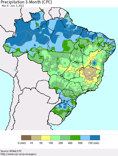 Brazil Precipitation 3-Month (CPC) Thematic Map For 3/6/2022 - 6/5/2022