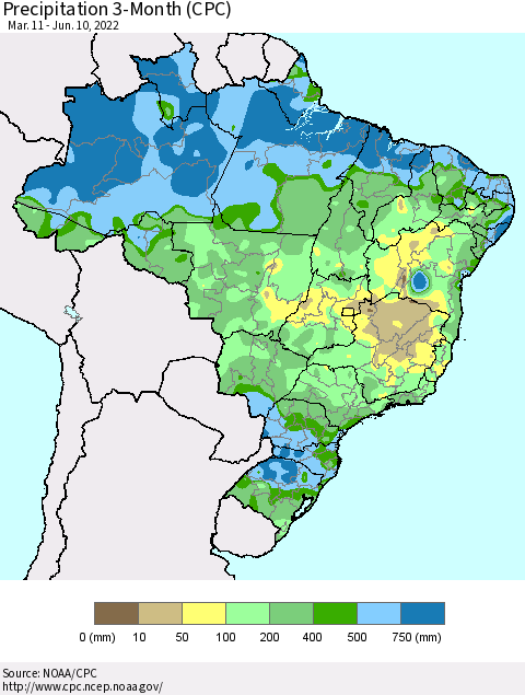 Brazil Precipitation 3-Month (CPC) Thematic Map For 3/11/2022 - 6/10/2022