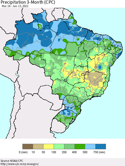 Brazil Precipitation 3-Month (CPC) Thematic Map For 3/16/2022 - 6/15/2022