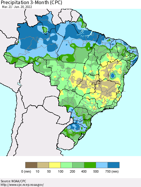 Brazil Precipitation 3-Month (CPC) Thematic Map For 3/21/2022 - 6/20/2022