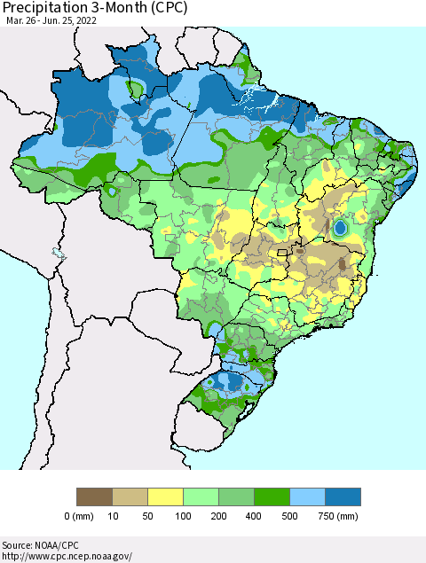 Brazil Precipitation 3-Month (CPC) Thematic Map For 3/26/2022 - 6/25/2022