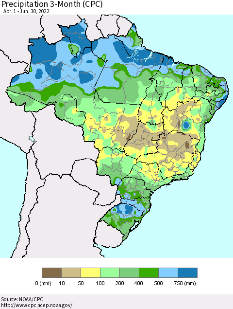 Brazil Precipitation 3-Month (CPC) Thematic Map For 4/1/2022 - 6/30/2022