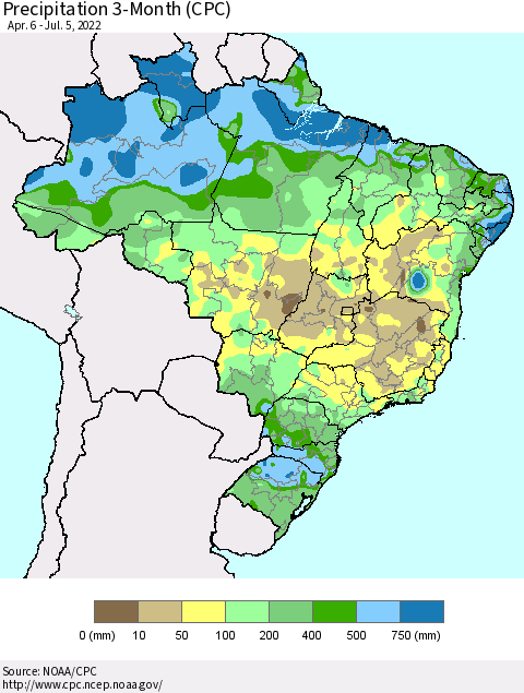 Brazil Precipitation 3-Month (CPC) Thematic Map For 4/6/2022 - 7/5/2022