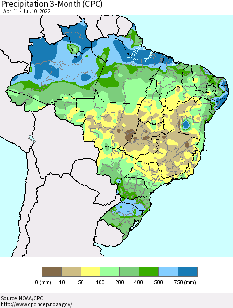 Brazil Precipitation 3-Month (CPC) Thematic Map For 4/11/2022 - 7/10/2022