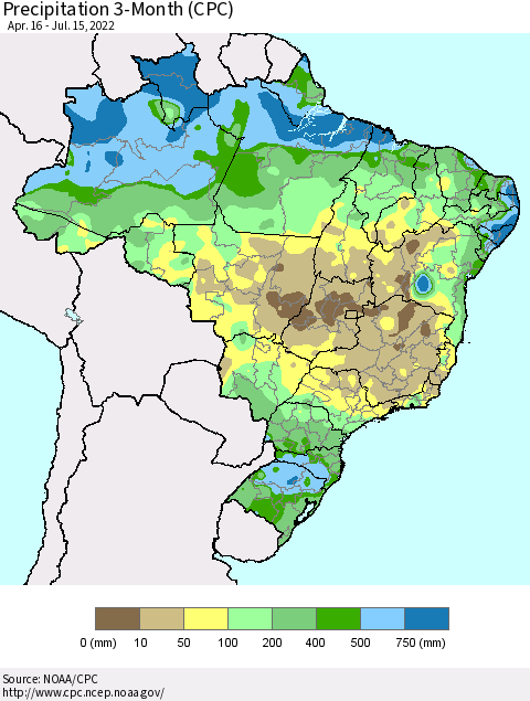 Brazil Precipitation 3-Month (CPC) Thematic Map For 4/16/2022 - 7/15/2022